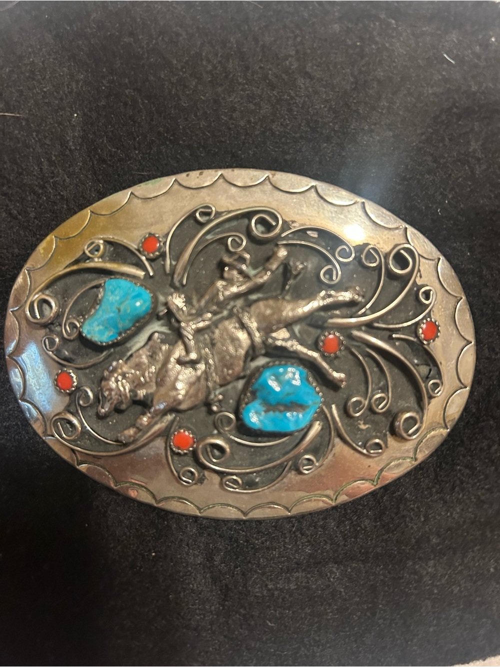 Southwestern Turquoise & Coral Rodeo Belt Buckle
